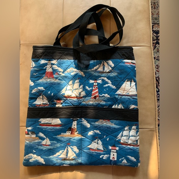 Beautiful Sailboat and Lighthouse Quilted Tote Bag - 2 Front Pockets - Picture 1 of 4